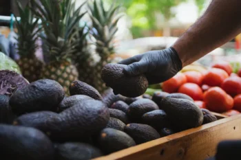 Fruit vendor holding an avocado in a fruit store i 2023 12 29 04 58 23 utc